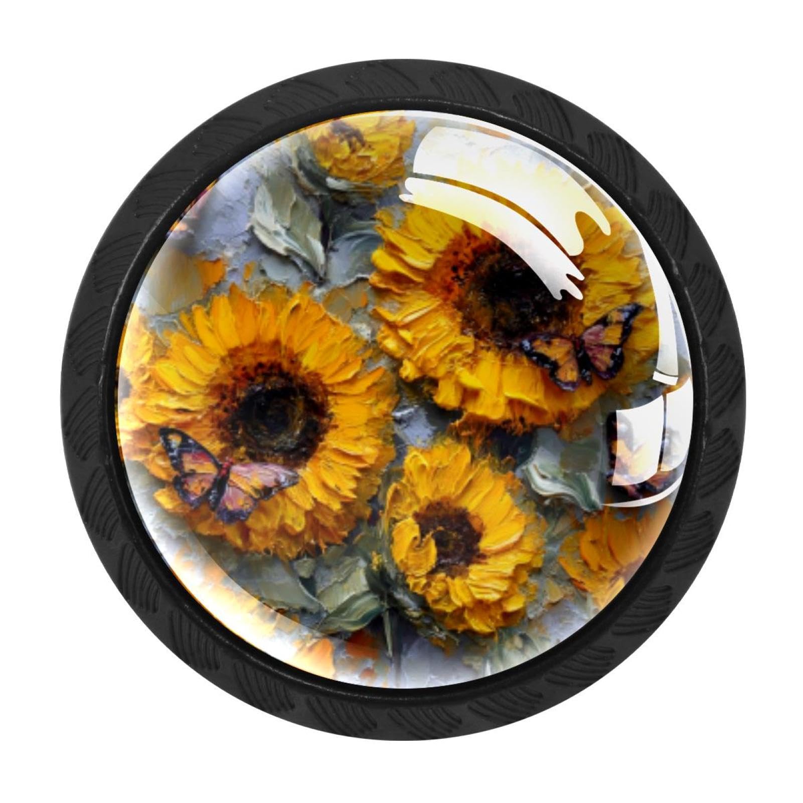 CHENZZZZ 4 Pack Black Sunflowers Butterfly (2) Drawer Knobs, Cabinet Knobs Round Glass Knobs for Kitchen Cabinet Hardware Bathroom 35MM