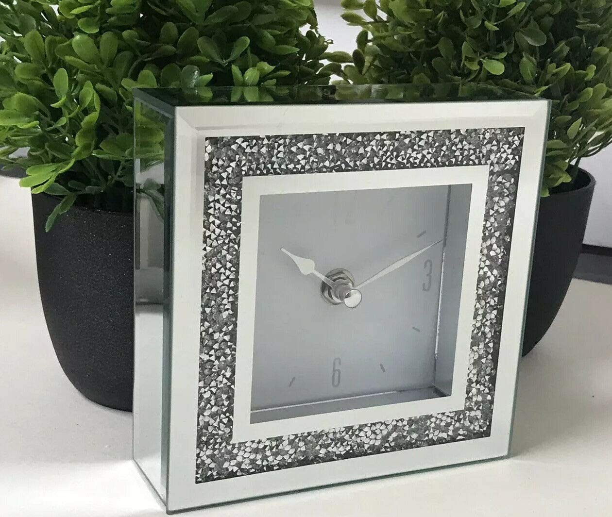 Biznest Silver Small Square Crystal Clock Crushed Diamante Desk Clock Elegant Diamond Crystal Mirror Crushed Jewel Numbers 14X14cm