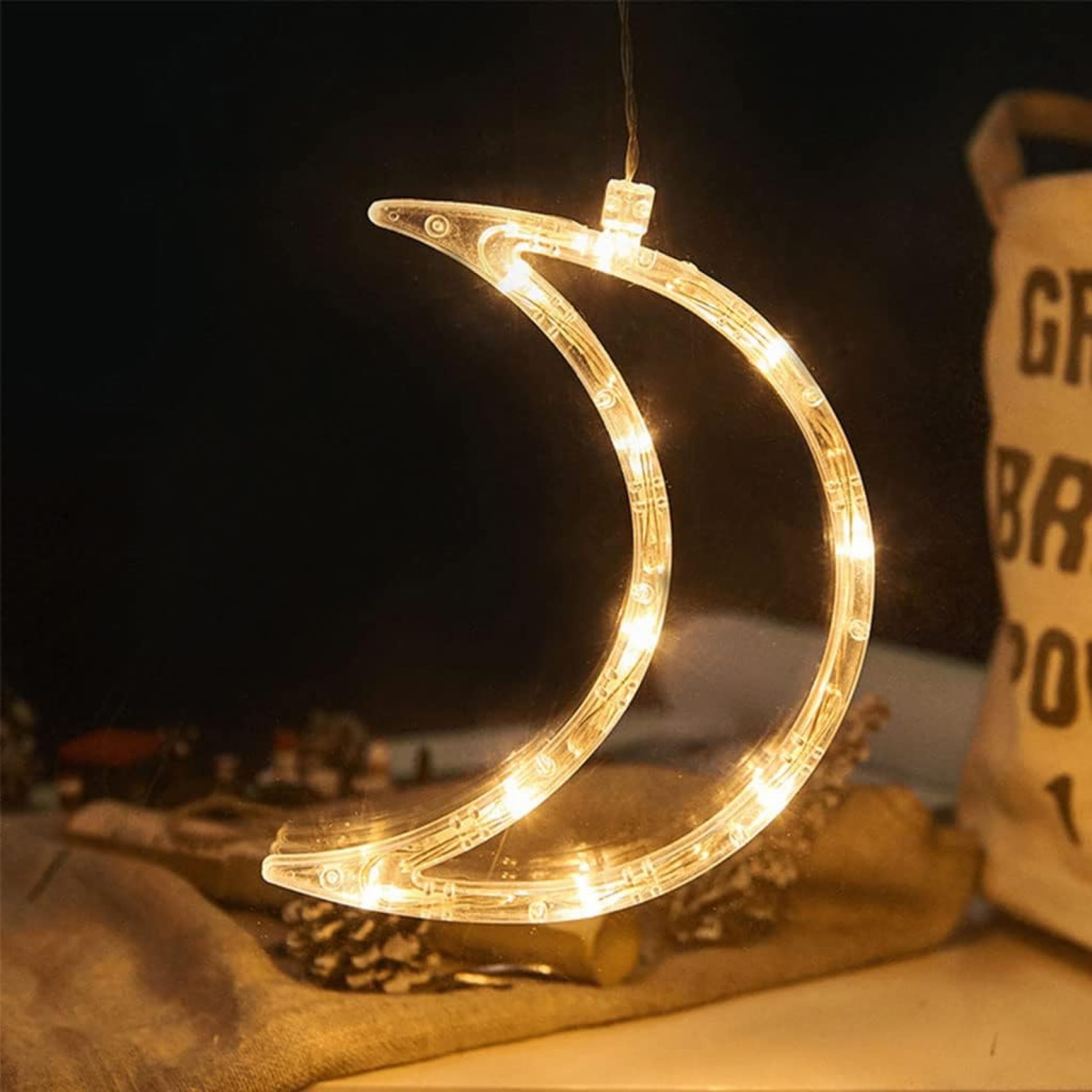 ZAFAA HOMECrescent Moon LED Hanging Light – 18cm x 18cm Warm White LED Decorative Light for Ramadan, Bedrooms, Nighttime Festive Displays, and Parties