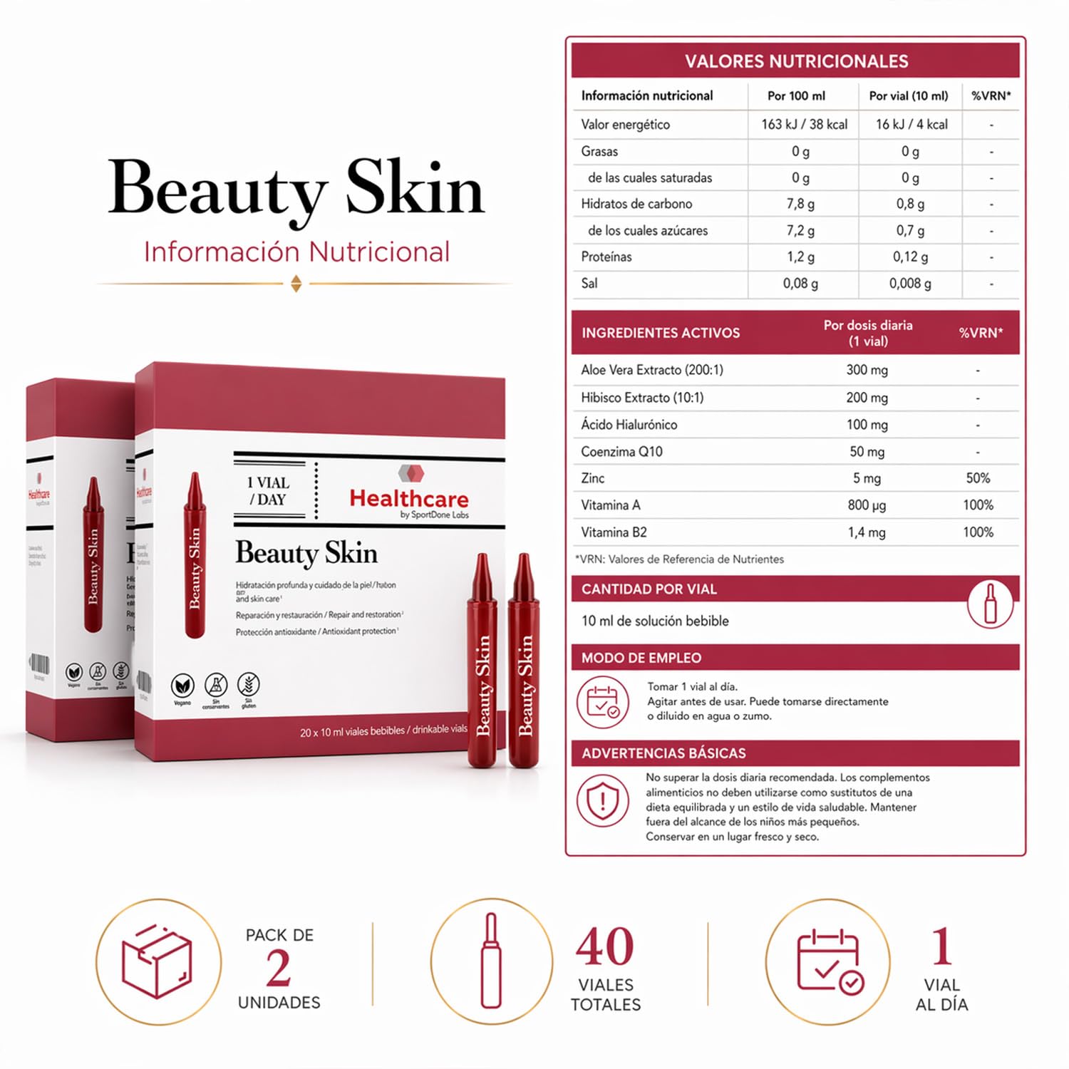 Complemento Alimenticio Piel Radiante – Hidratación, Ácido Hialurónico, Aloe Vera, Hibisco y Coenzima Q10 – 2 Packs de 20 Viales Bebibles de 10ml para Piel Más Firme, Hidratada y Luminoso (40 x 10ml)