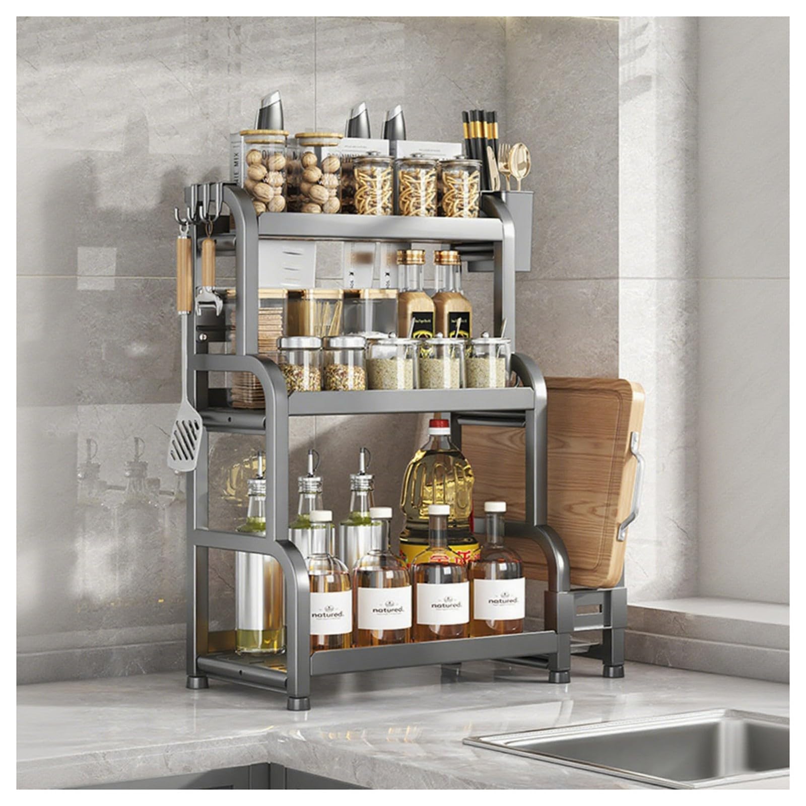 HADECOLL Tall Countertop Spice Rack Organizer, Carbon Steel Construction With Railing Design, For Cabinet Bathroom Pantry,Grey-3 Tier-40cm