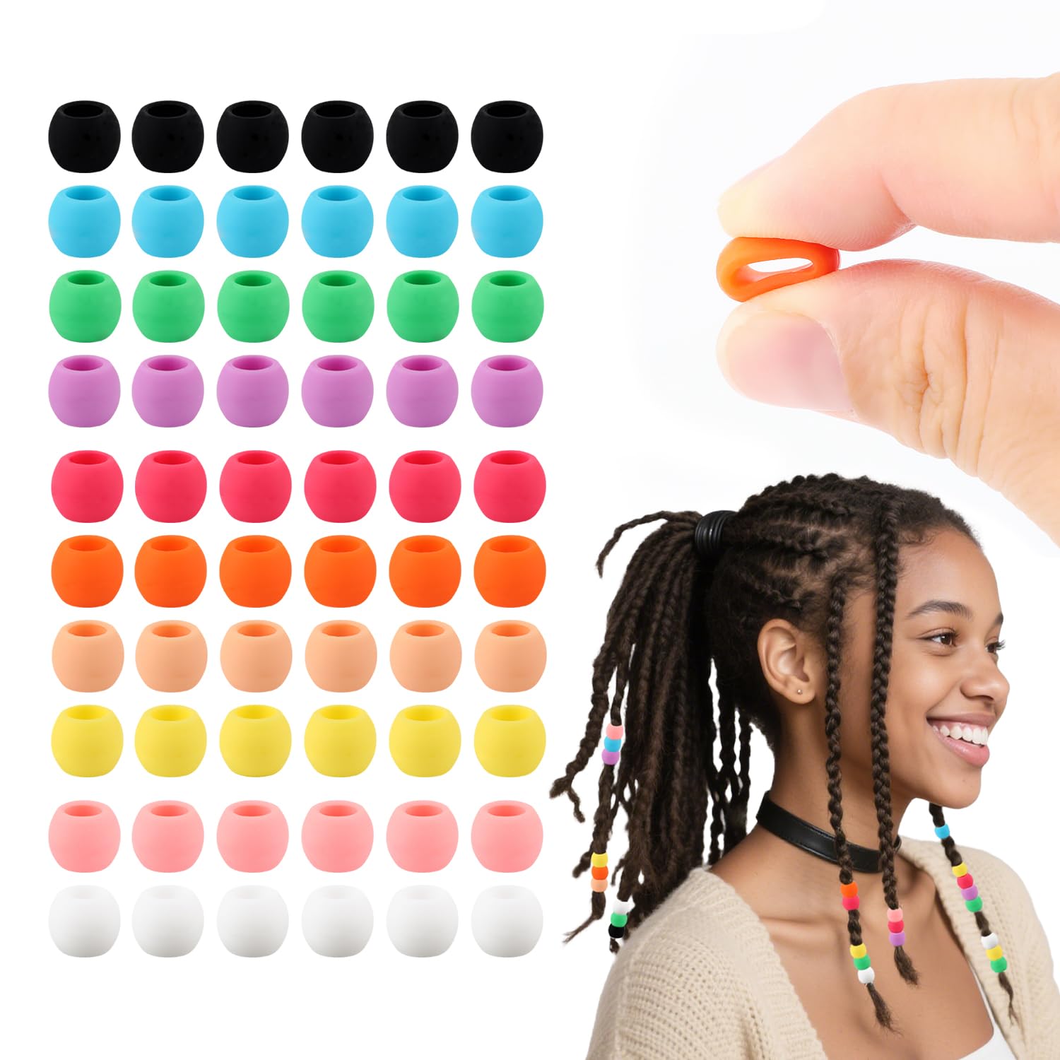 AD Beads 100PCS 6x9mm Soft Pony Silicone Beads for Hair, Mixed Color with 80 Elastic Bands, Tool and Storage Box Kit for Braids, Bracelet, Crafts