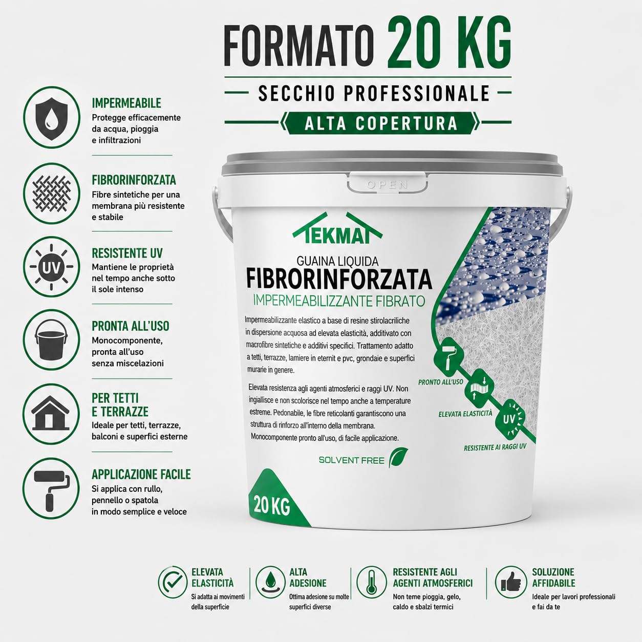Guaina Liquida Impermeabilizzante Fibrorinforzata TEKMAT 20 kg – Membrana Elastica Calpestabile Resistente UV per Terrazzi, Tetti, Balconi, Lamiere – Monocomponente Pronta all'Uso (20 kg, Grigio)