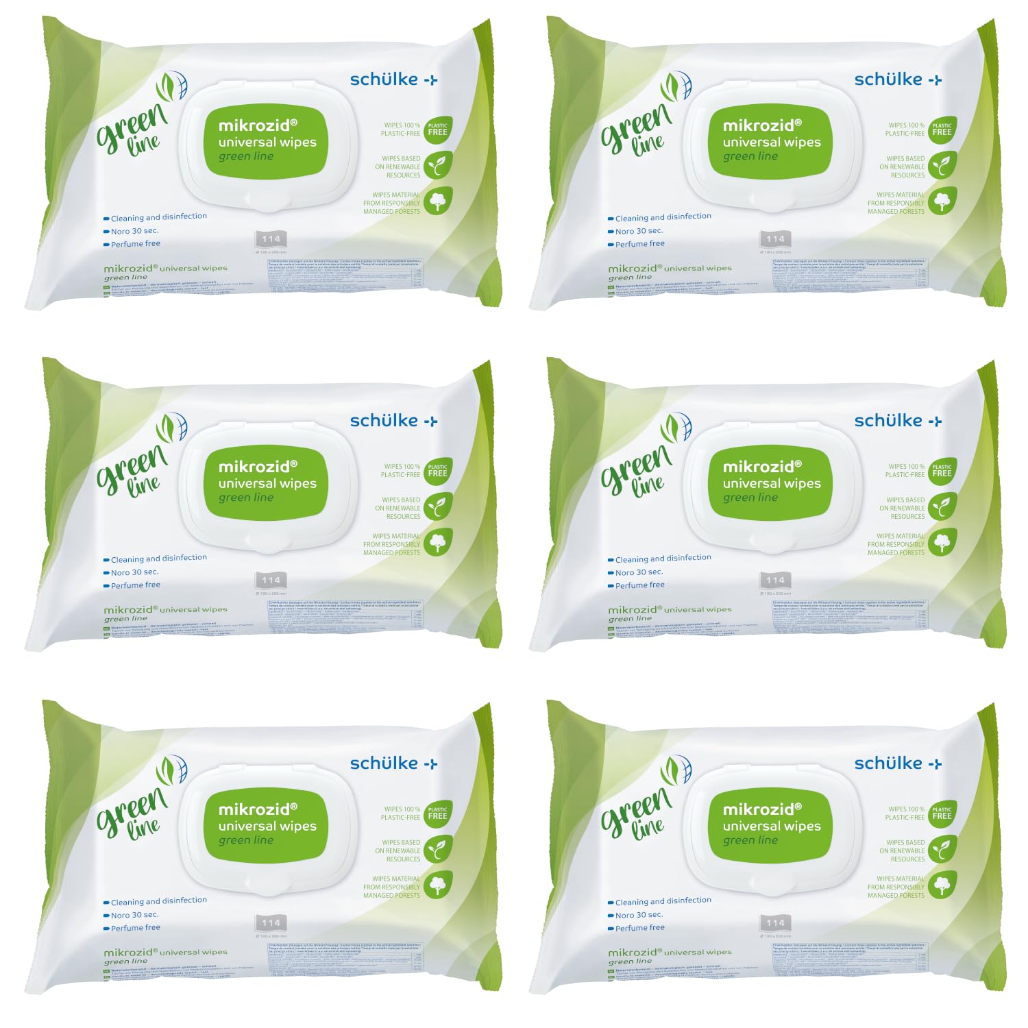 Schülke Mikrozid Universal Wipes Green Line Desinfektionstücher, alkoholisch, für Flächendesinfektion, 6 x 114 Tücher