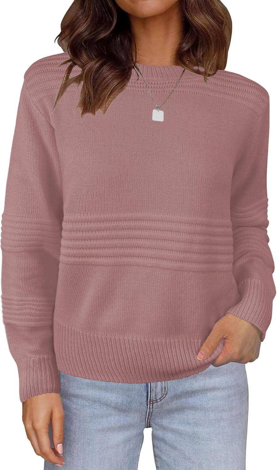 Womens Sweaters Causual Crew Neck Tops Long Sleeve Ribbed Knit Solid Pullover