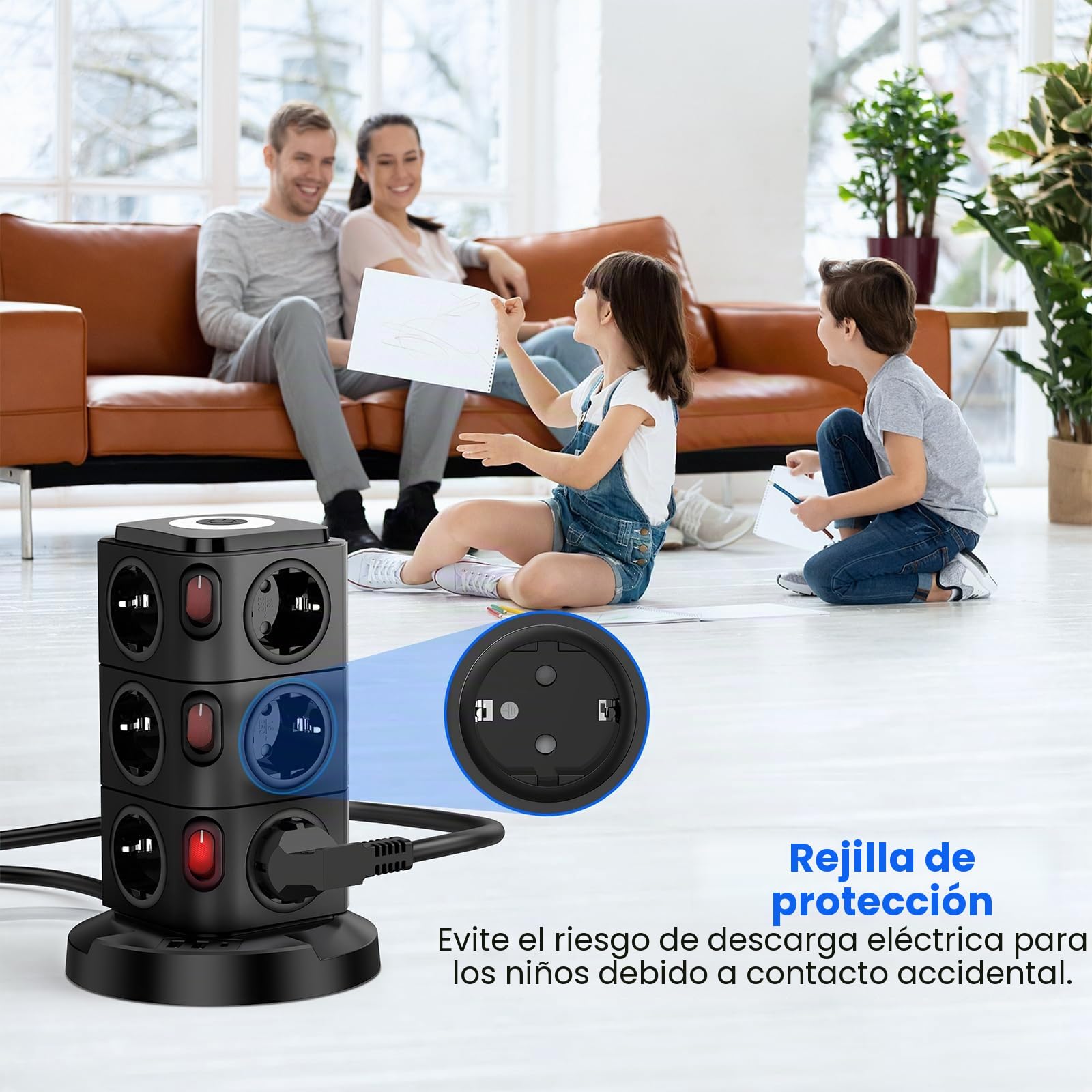 Acodot Torre Regleta Enchufes Vertical, Regleta USB 12 Tomas de AC y 3 USB Enchufe Multiple, Regletas Enchufes Proteccion Sobretension, 5M Regreltas Vertical con Interruptor para Mesa Oficia Casa