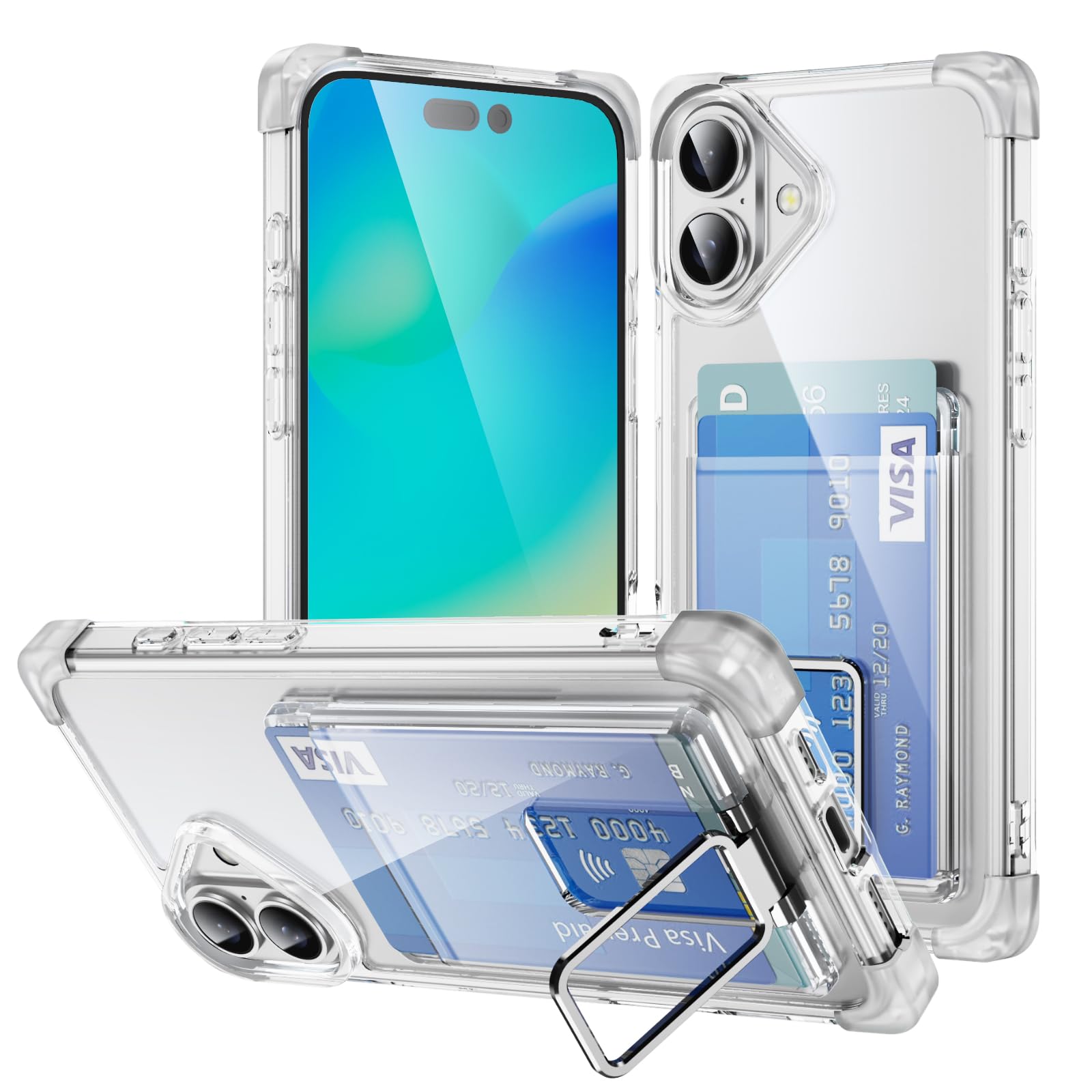 ELEPIK for iPhone 16 Plus Case with Card Holder, [Up to 2 Cards] [Adjustable Kickstand] [2 Stand Way - Vertically or Horizontally] Shockproof Phone Case for iPhone 16 Plus, Clear iPhone 16 Plus Clear