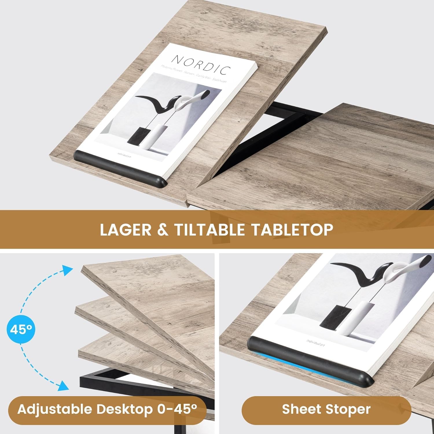 End Table C Shape with Charge Station, Tilting Top Side Table with Magazine Holder and Lockable Wheels, Easy Assembly for Living Room, Bedroom, Industrial Style, Grey