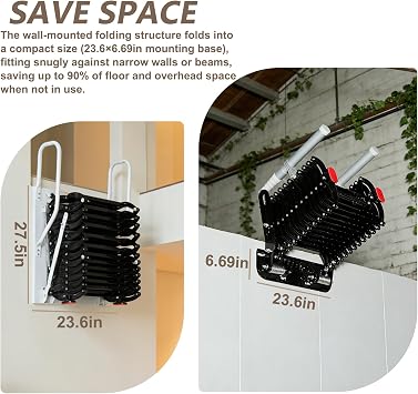 9FT Wall Mounted Retractable Attic Stairs, 11 Steps Folding Loft Ladder with Handrails, Heavy Duty Pull Down Attic Ladder, Up to 660 Lbs,Telescoping Ladder for Indoor, (Black, 11 Steps)