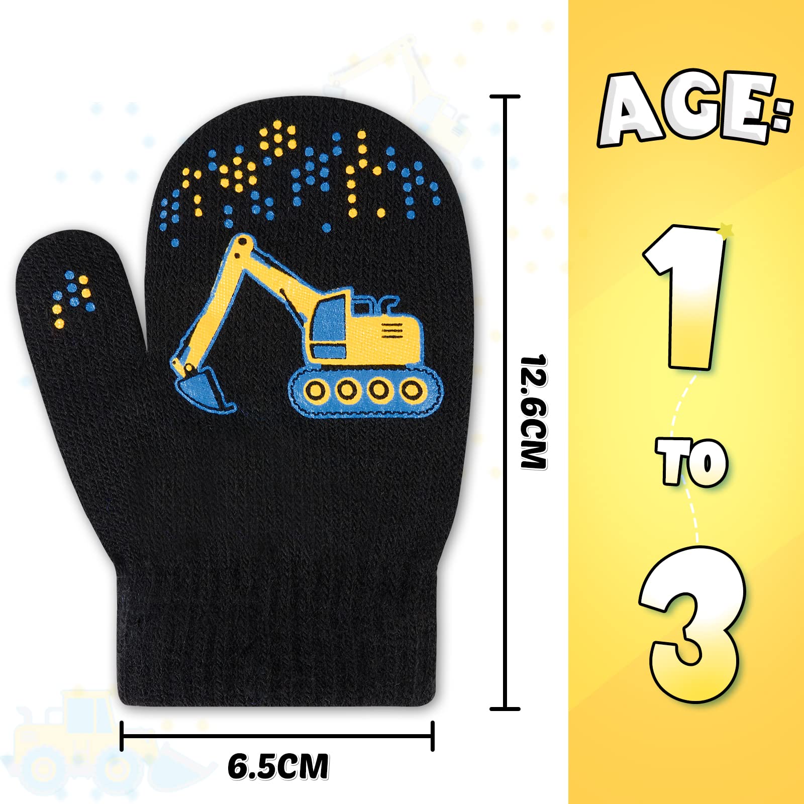 WAWSAM 3 Pares de Guantes de Invierno Para Niños Pequeños Mitones de Punto Elásticos para Niños Guantes de Esquí para Bebés Guantes a Rayas para Niñas y Niños Guantes de Invierno de Camión