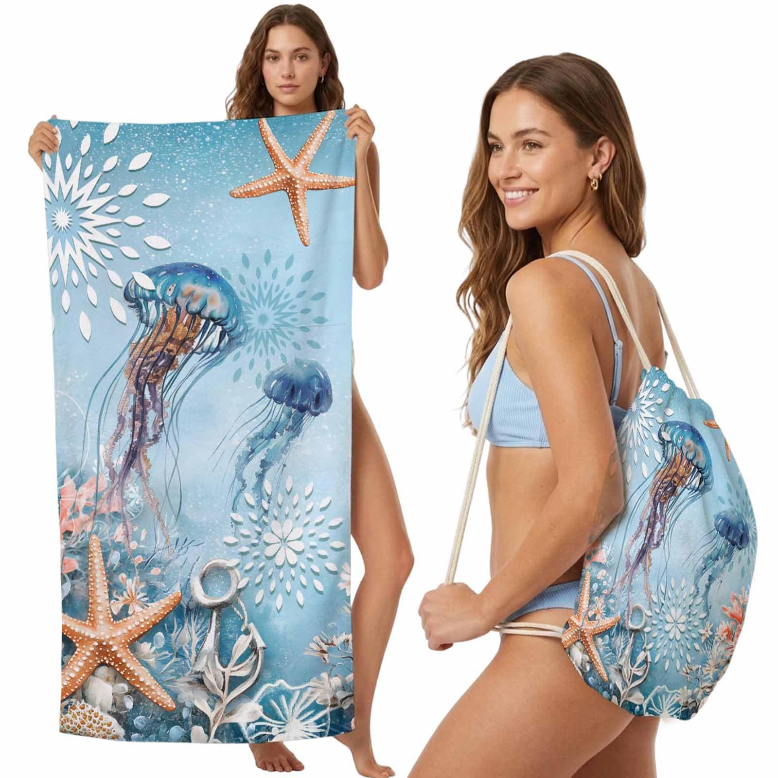 Beach Towel Backpack, Watercolor Ocean Jellyfish Starfish 2-in-1 Foldable Soft Microfiber Quick Dry Beach Towel 31.5x63in Marine Life Coral Seaweed Lightweight Pool Towels Bag for Travel, Yoga, Gym