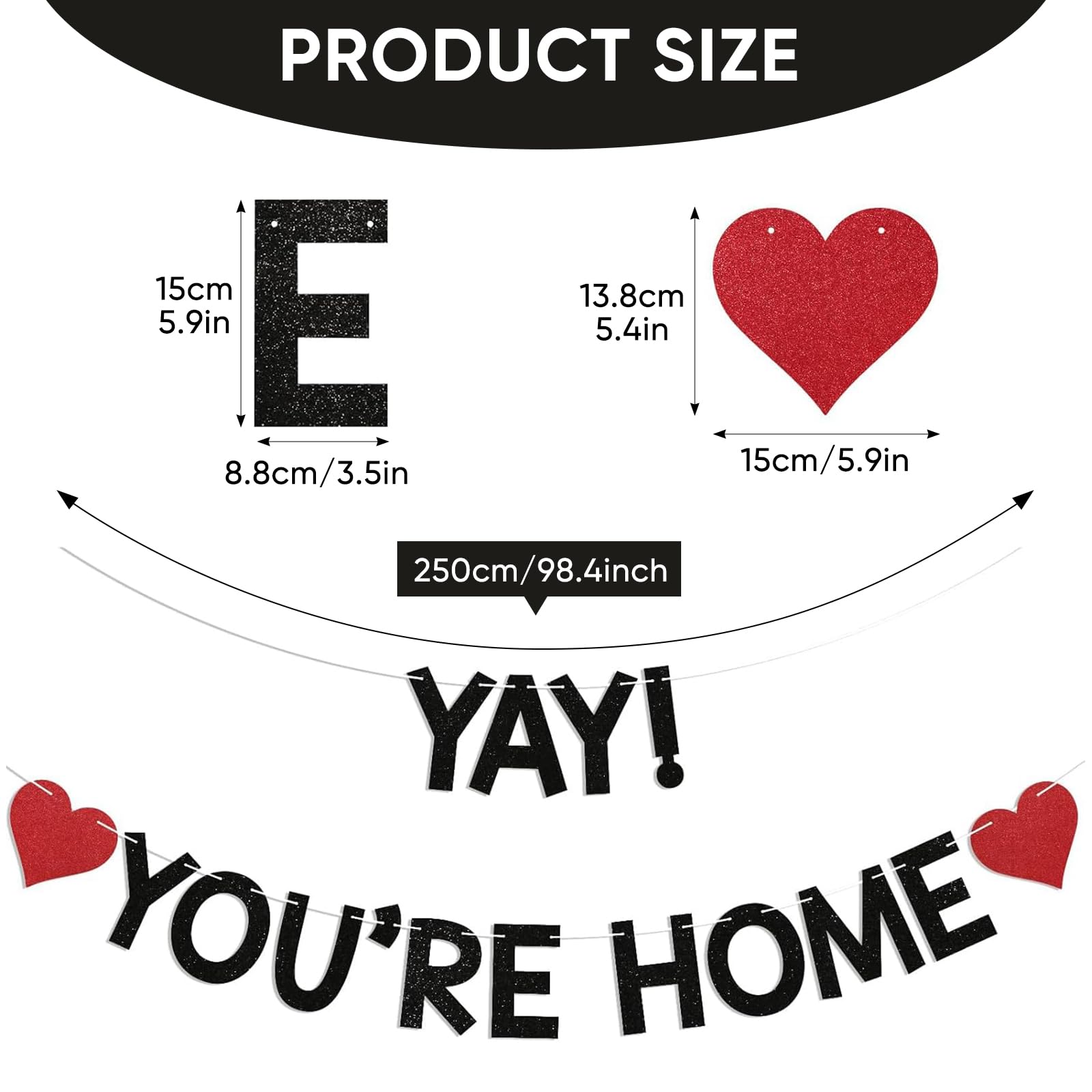 Welcome Home Banner Black Glitter, Yay! You’re Home Garland for Welcome Back Party, Reusable Paper Decoration for Door & Wall - Image 2