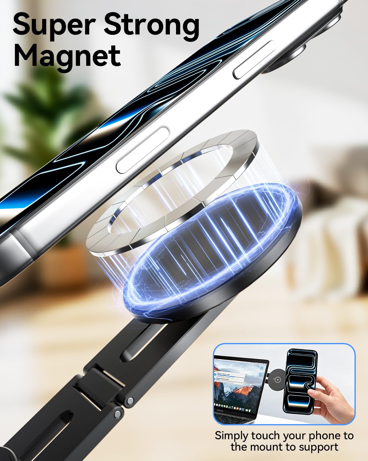 Soporte Magnético para Teléfono y Portátil con Carga Inalámbrica 15W, Soporte Plegable Compatible con MagSafe para iPhone 17/16/15/14/13/12, Monitor y Tesla 3/Y/S/X, Negro, Aluminio