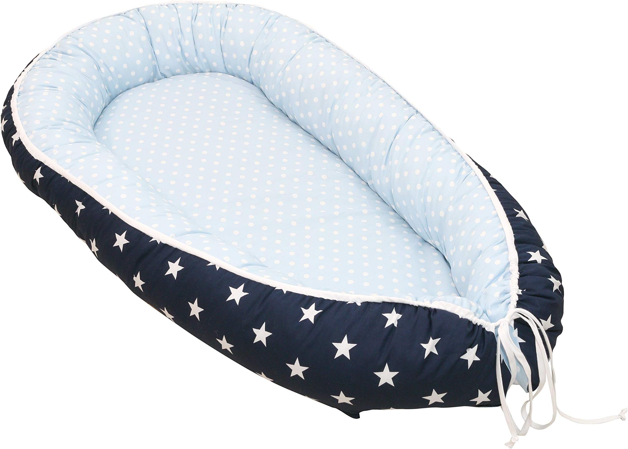 Soft Cotton Baby Lounger by ULLENBOOM - Stars/Polka Dots - Newborn Snuggle Nest - 22โ x 37โ - Boys Blue/Grey