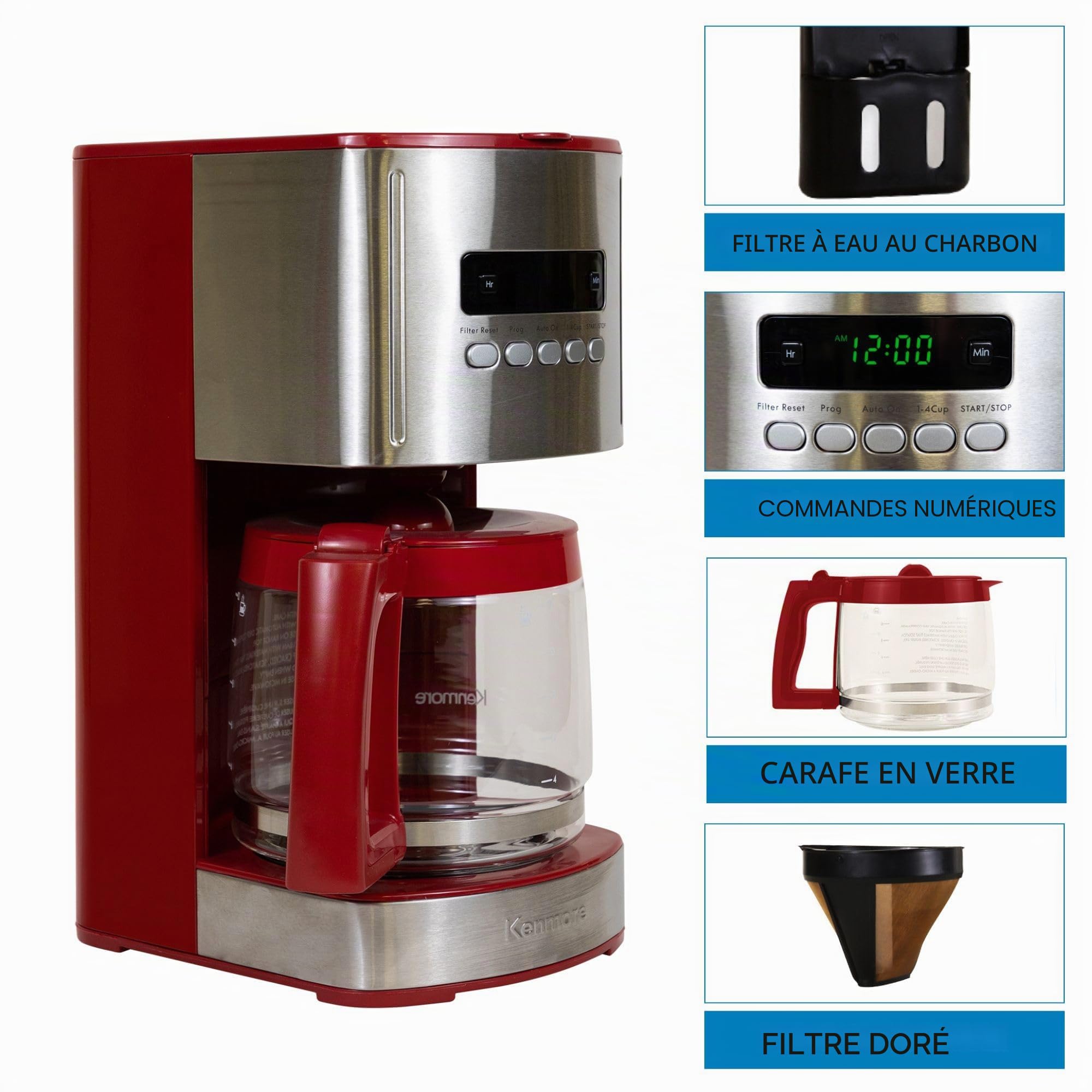 Cafetière à filtre Kenmore 12 tasses avec verseuse en verre de 1,8 L pour café moulu, affichage numérique, minuterie programmable, filtre réutilisable, chauffe-filtre, arrêt automatique, rouge.