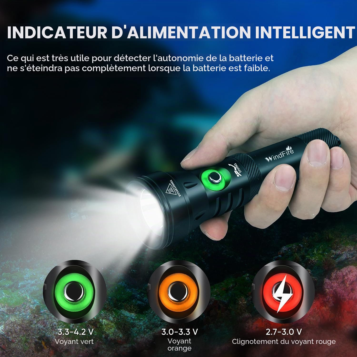 WINDFIRE Lampe de plongée 7 000 lumens lampe de poche de plongée super lumineuse 4 modes lampe de poche sous-marine avec indicateur de puissance, professionnelle lampe de plongée