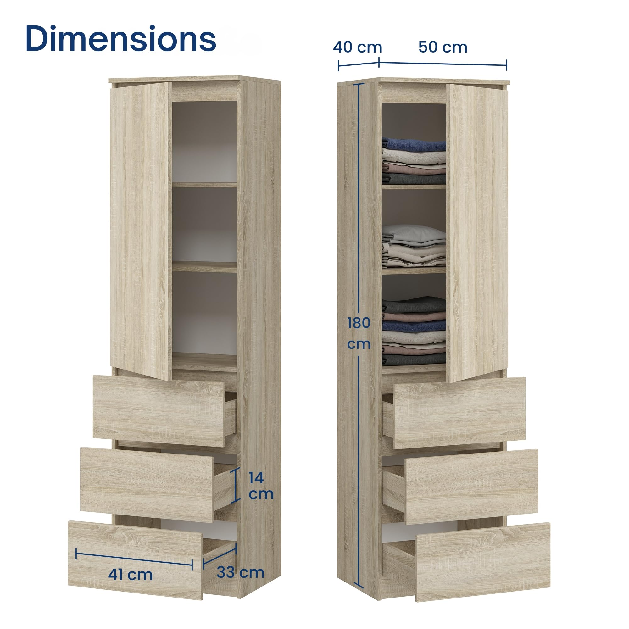 Home Collective Armoire Polyvalente avec 3 étagères et 3 tiroirs | Meuble Compact et Fonctionnel pour Chambre, Couloir ou Bureau | 40x50x180 cm (LxPxH) | Sonoma