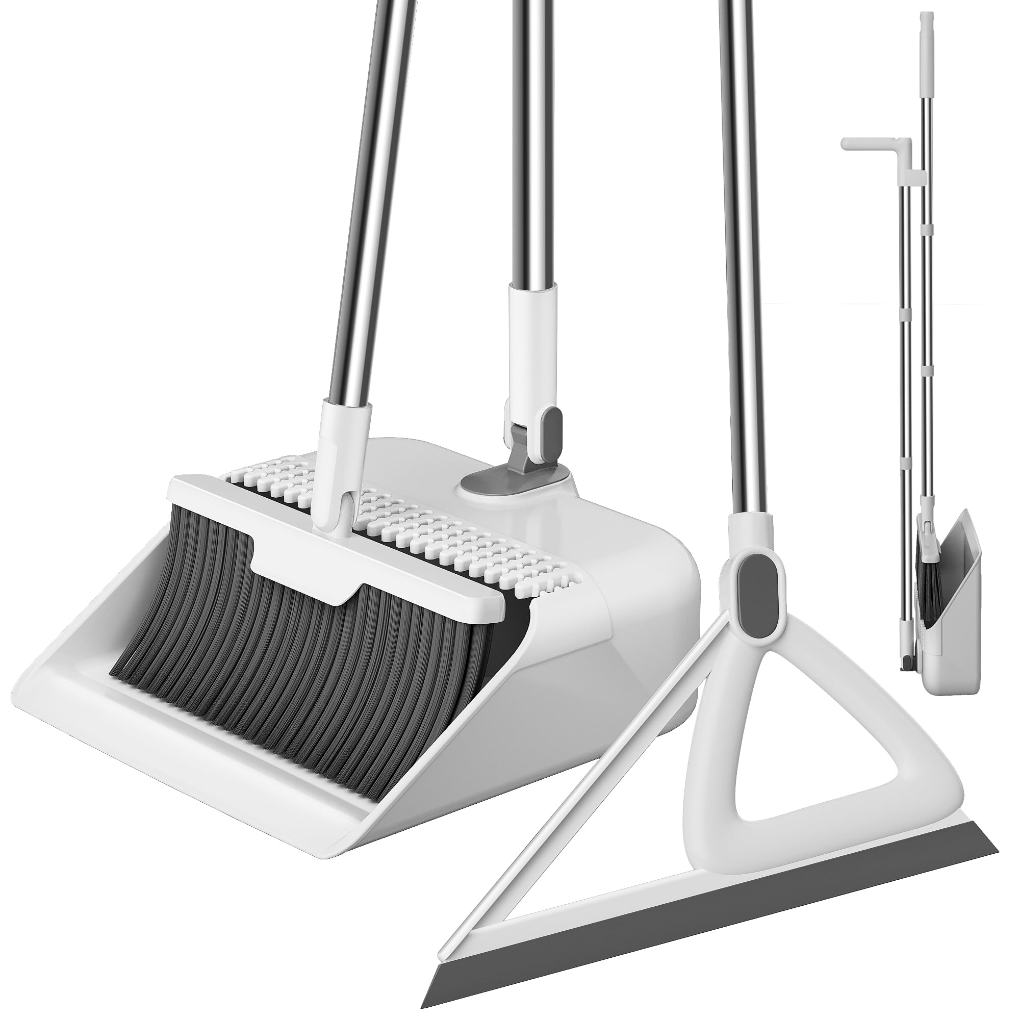 3 Pieces Broom with Dustpan Combo Set and Silicone Air Broom Kit in Light Grey