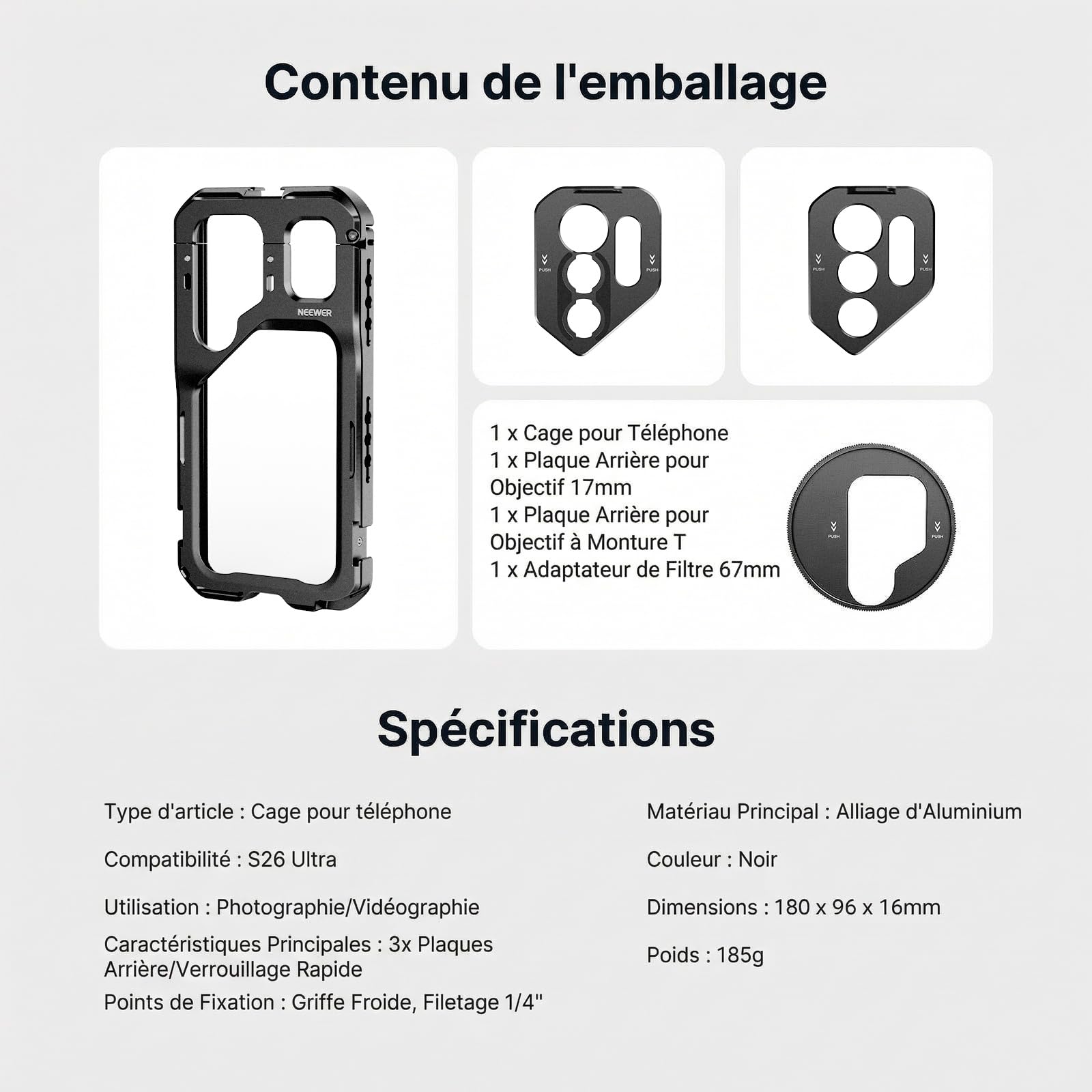 NEEWER S26 Ultra Cage Téléphone,Kit de Stabilisation Vidéo Mobile pour Vlog avec 3 Plaques Arrière pour Filtre 67mm,Objectif 17mm& à Monture T,Compatible Uniquement avec Samsung Galaxy S26 Ultra,PA182