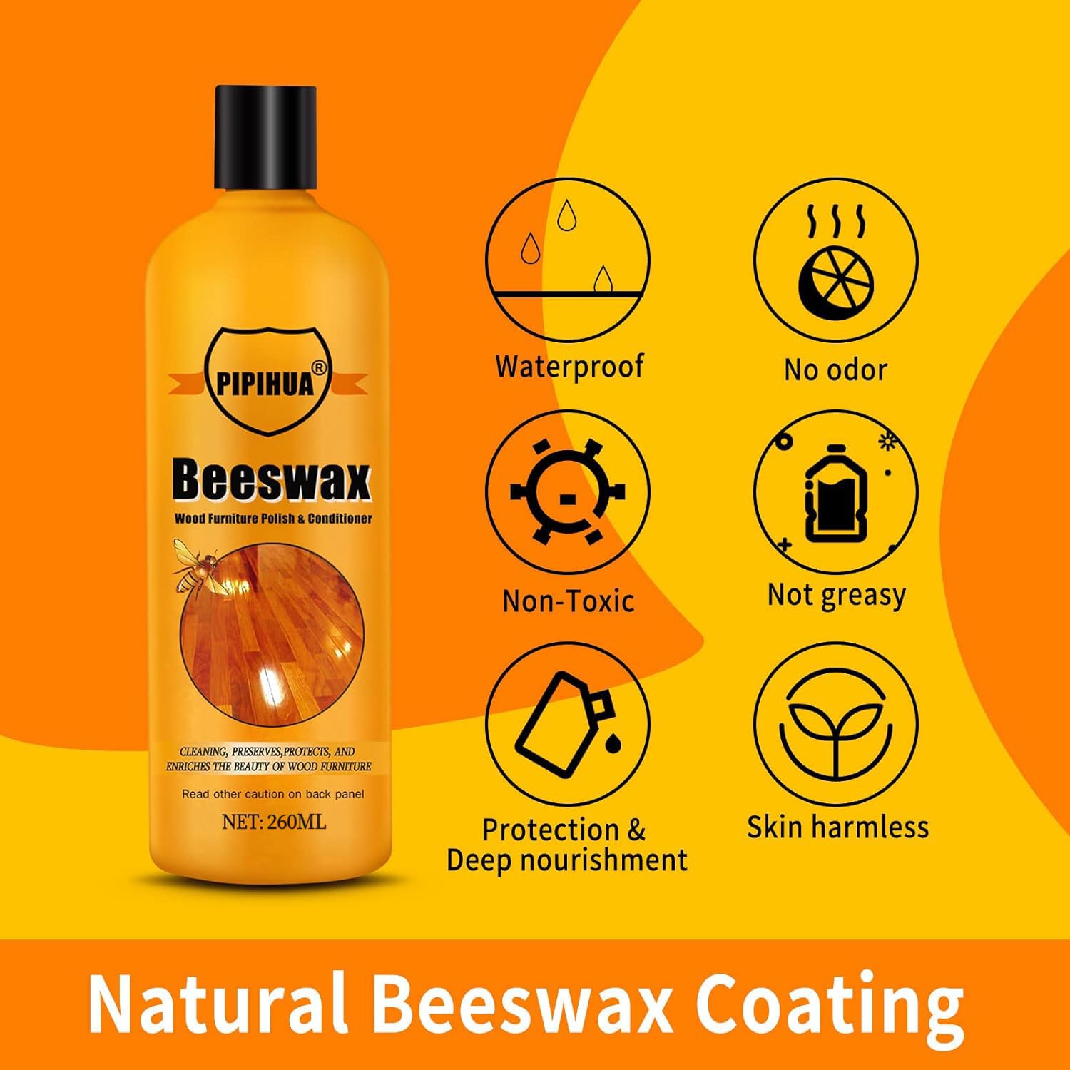 PIPIHUA Beeswax Furniture Polish Wood, naturalny bezbarwny wosk do pielęgnacji i ochrony drewna, najwyższej jakości wosk do mebli, do polerowania i pielęgnacji drewnianych mebli, 260ml