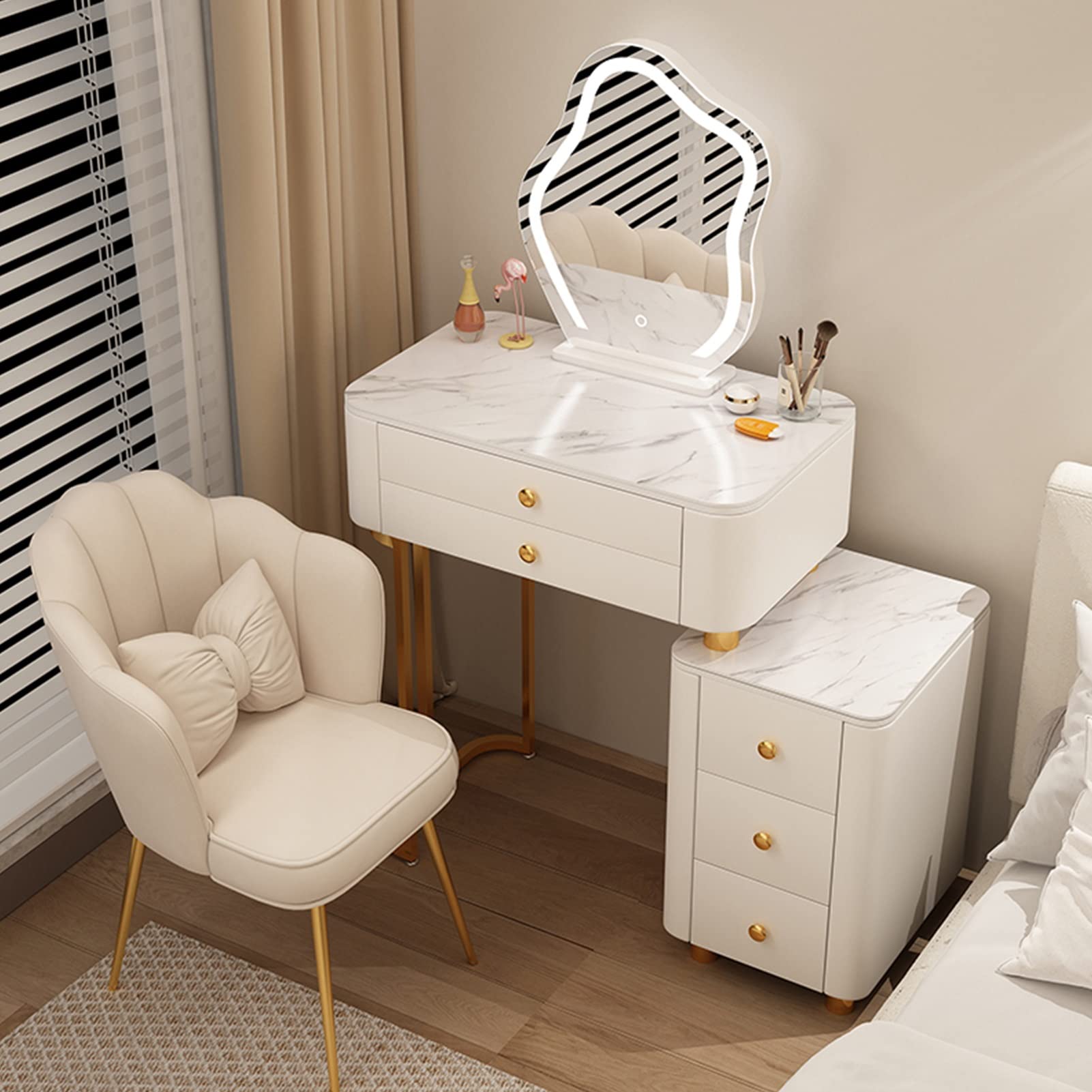 asdchZen Minimalist Makeup Vanity Table With Removable Mirror & Storage Drawers, Stylish Dressing Table With Cushioned Stool For Women & Girls Bedroom,3-50cm/19.6in