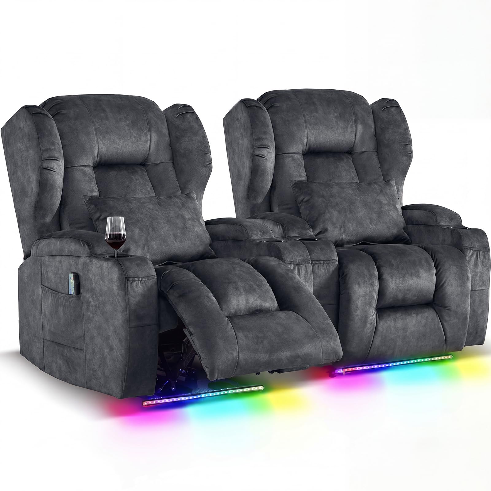 Oprisen Wall Hugger Power Recliner Chair Set of 2, Overstuffed Home Theater Seating w/Heat Massage Electric Movie Gaming Sofa Reclining Sleeper Chair with LED Light/Lumbar Pillow/Cup Holders