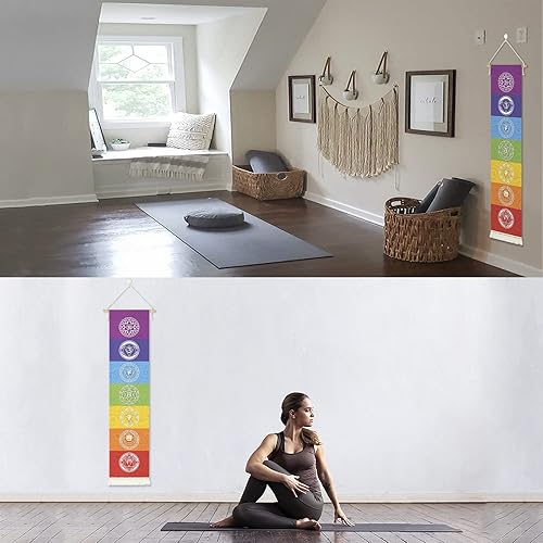 Miniatura 6 de Póster colgante de lienzo para meditación, 7 chakras, mandala, yoga, pintura | Tapiz de yoga para colgar en la pared con 1 borla, decoración de