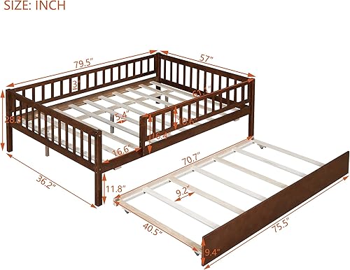 Miniatura 2 de Harper & Bright Designs Sofá cama de tamaño matrimonial con nido, marco de cama de madera para niños con rieles, no necesita somier, fácil montaje