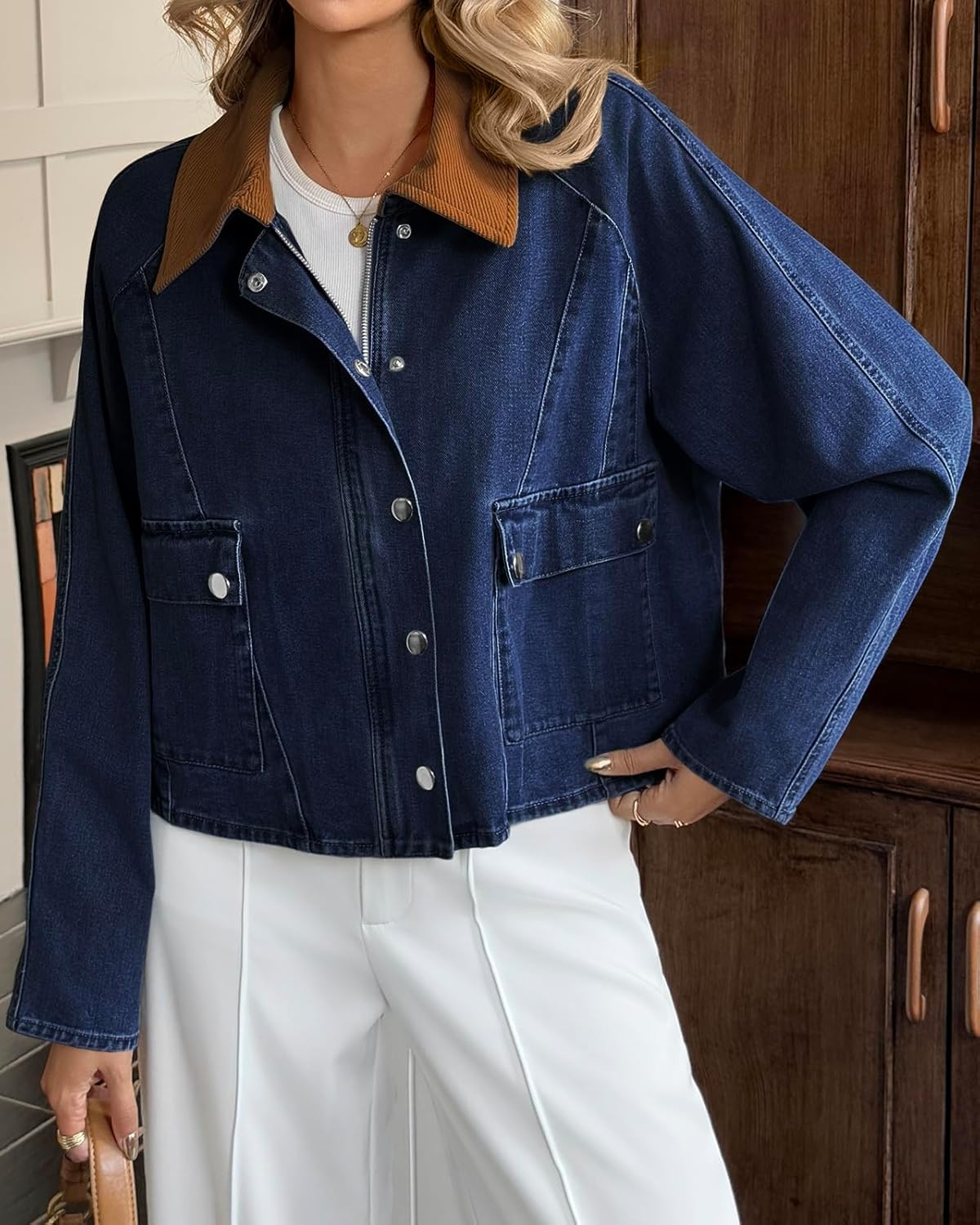 Cicy Bell Womens Cropped Denim Jacket Trendy Corduroy Collar Button Down Casual Barn Jacket for Women - Image 4