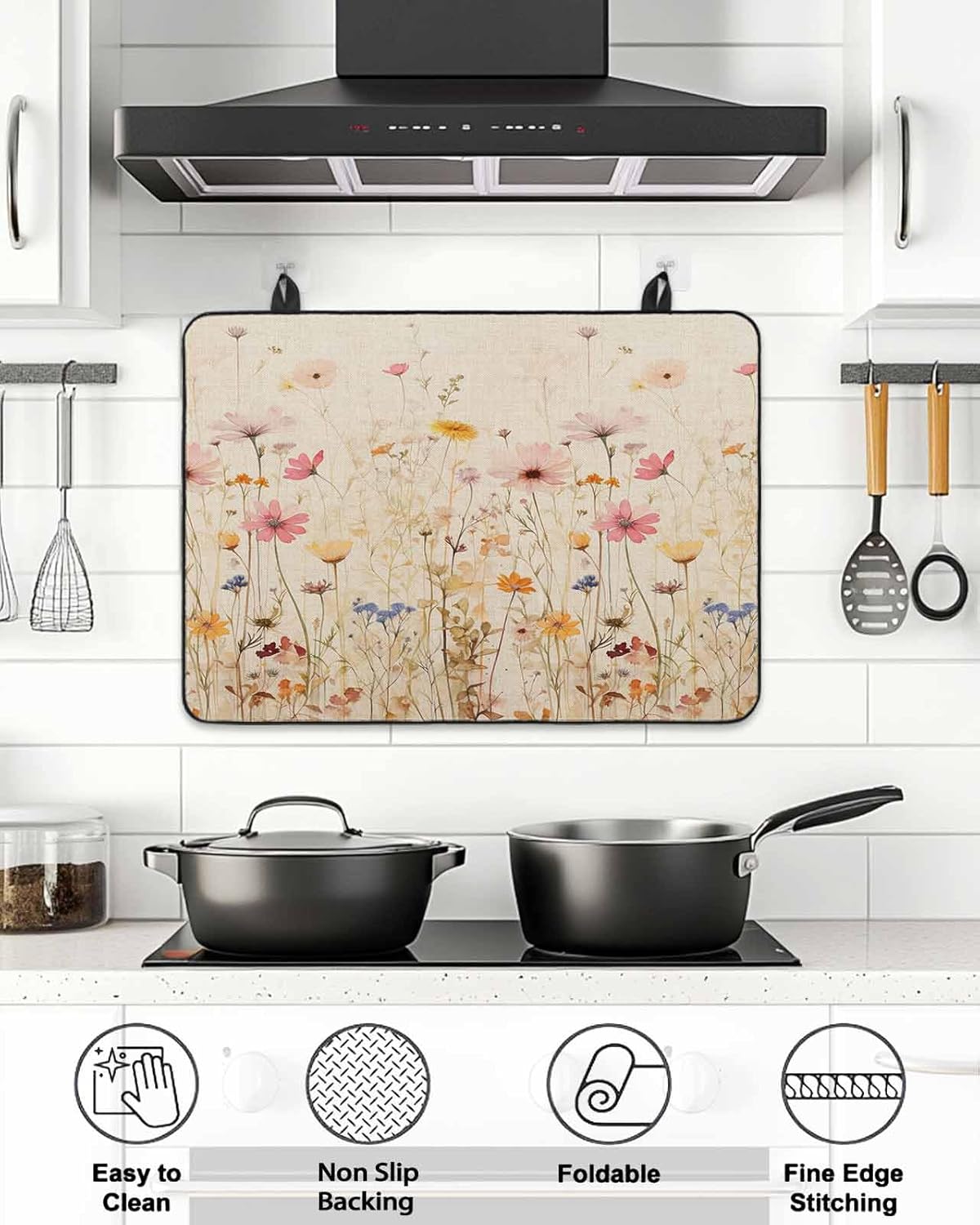 Stove Top Covers for Electric Stove 28.5x20.5 Inches, Botanical Flower HeatResistant Glass Cooktop Protector, Retro Colorful Spring Vintage Floral Ceramic Stovetop Countertop Covers Mat, Oven Cover