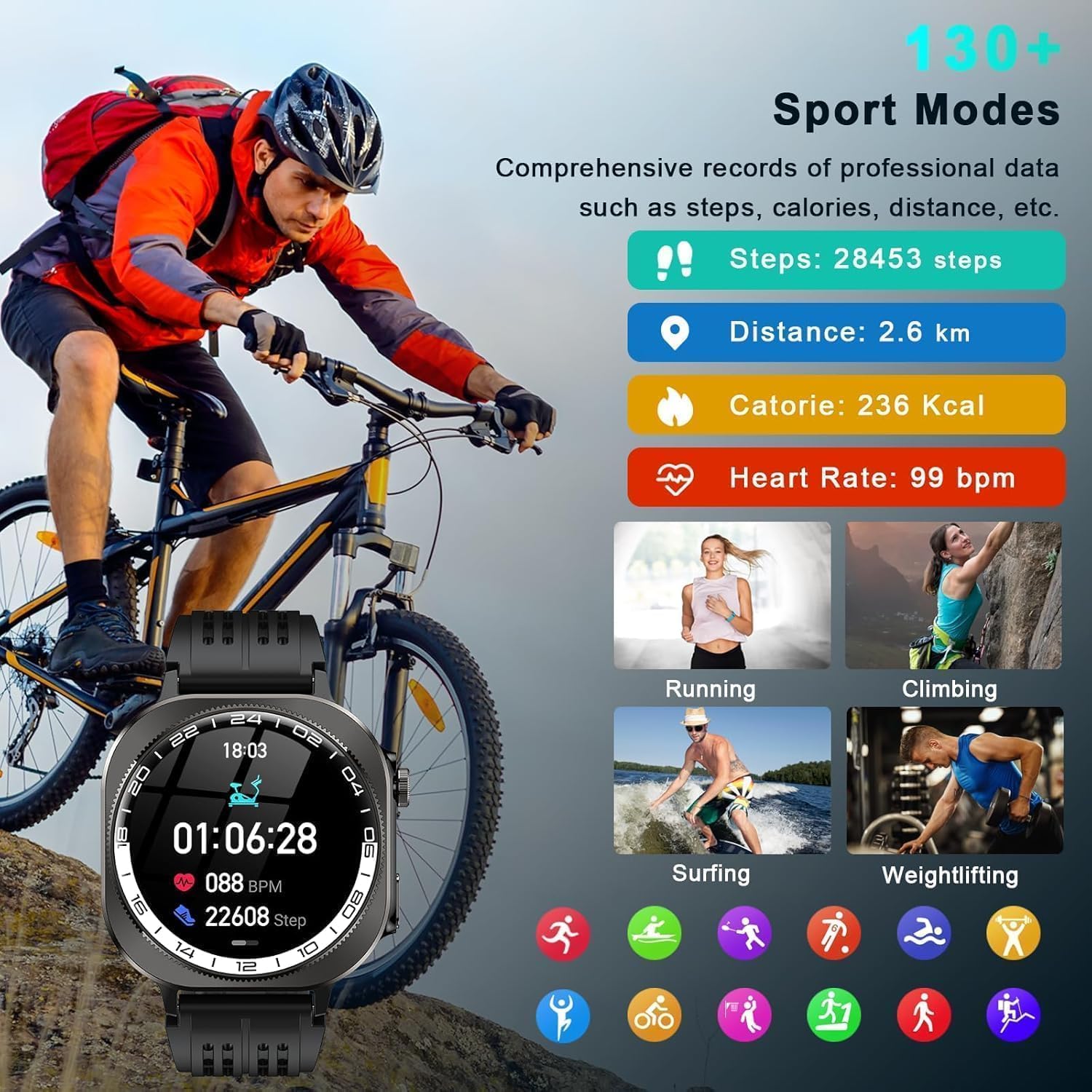 Montre Connectée Homme avec GPS Intégré, 1.43"HD AMOLED Militaire Smartwatch Appels Bluetooth 5.4, Montre Intelligente Fréquence Cardiaque/Sommeil/SpO2 Podometre,IP68 Étanche,130+ Modes Sport Noir