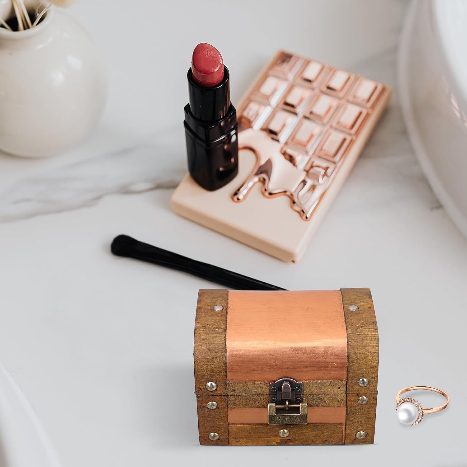 Small Treasure Chest with Lock Jewelry Box Wooden for Home Desk Storage image 5