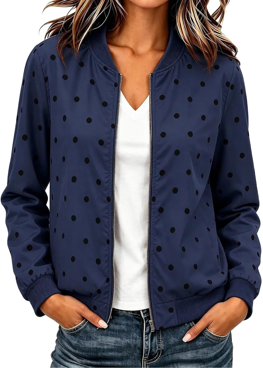 Women's Polka Dot Bomber Jacket Zip Up Long Sleeve Casual Outerwear