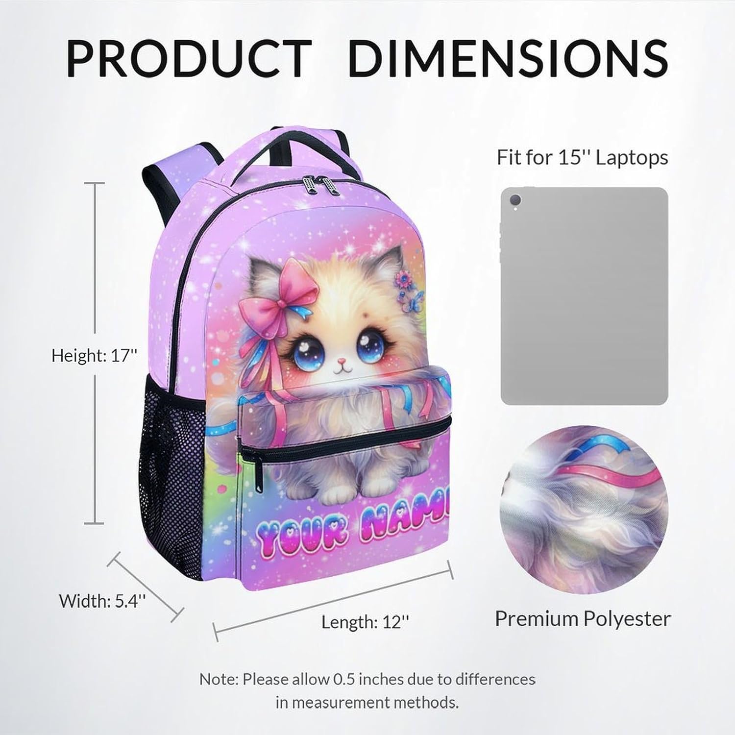 School Backpack for Girls, Personalized Cat Backpack for Kids, 17" Cute Rainbow Bookbag for Toddler, School Bag for Preschool Kindergarte Elementary