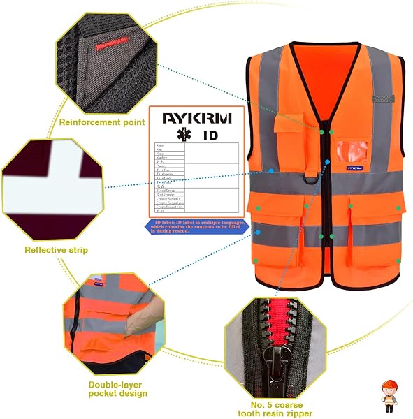 AYKRM 21 Farben Sicherheitsweste Warnweste Reflektierendes WarnschutzWeste Warnweste mit Reflektorstreifen mit Reißverschluss und Taschen Arbeitsweste - 3