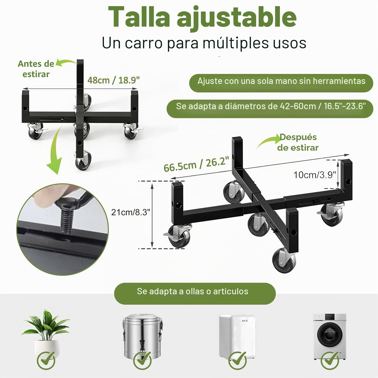 Carrito para Plantas con Ruedas, Soporte Ajustable para Plantas de Interior, Carrito de Jardín con Ruedas de Bloqueo, Capacidad de 100 Kg, Apto para Macetas de Interior/Exterior, Movimiento