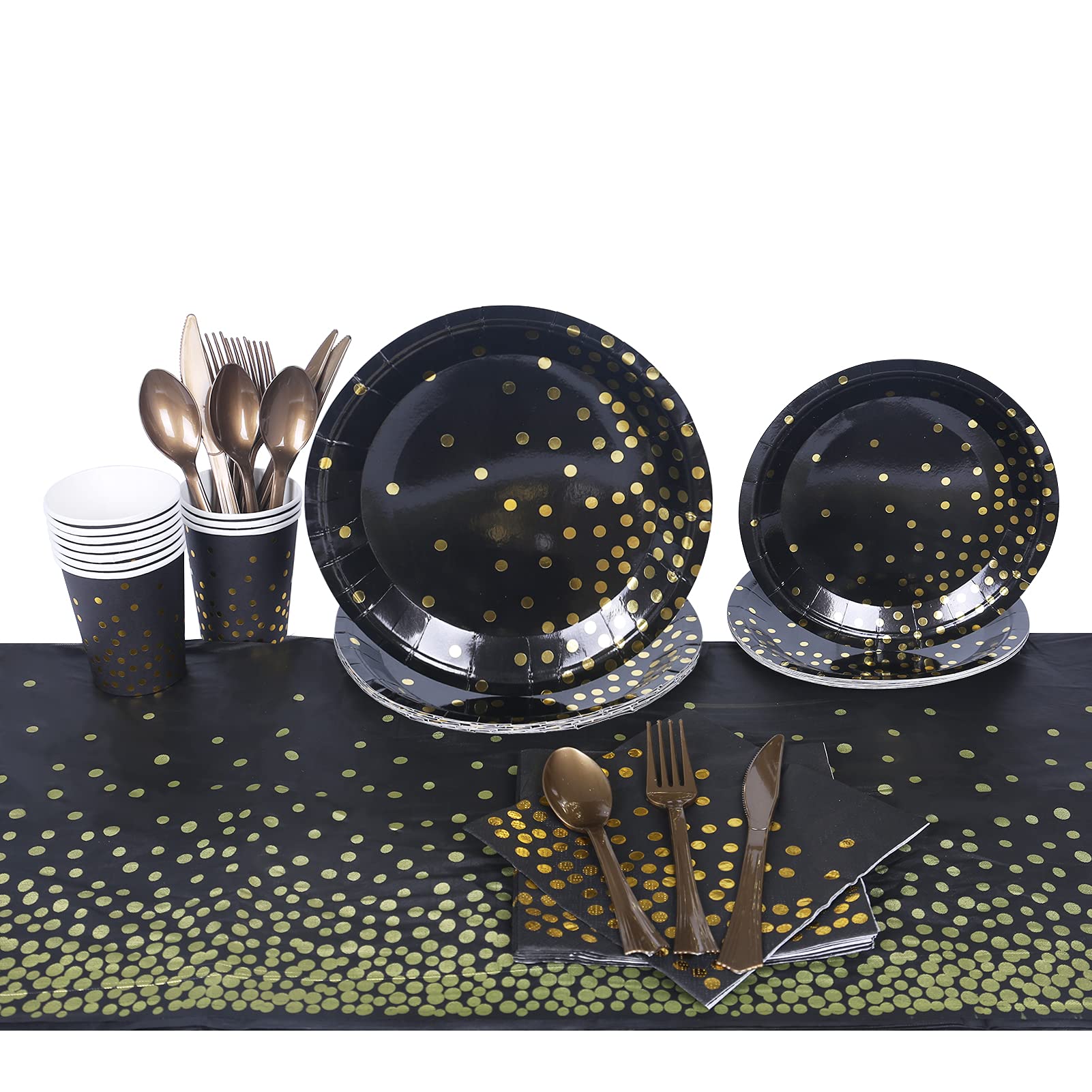 Beauenty 169PCS Party Supplies Golden Dot Disposable Party Paper Dinnerware,Paper Plates and Napkins Cups Forks Knives Spoons Sets for Birthday Party Graduation Wedding-Serves 24 (Black and Gold)