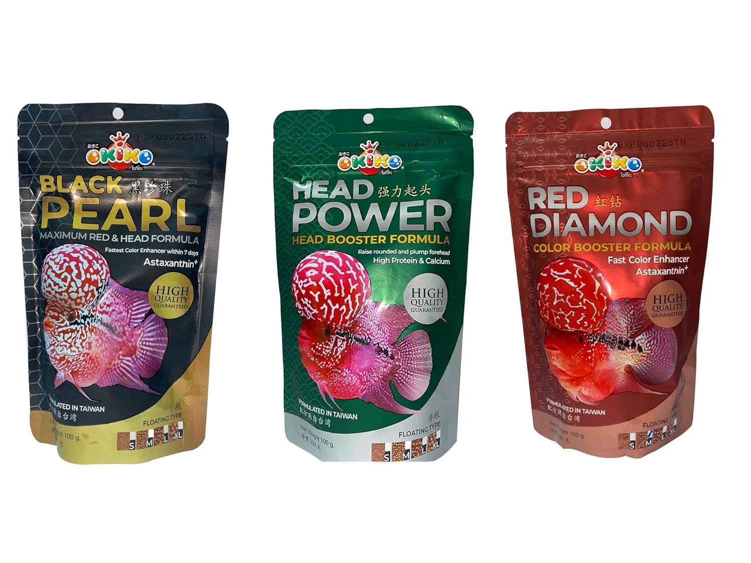 Okiko Flower Horn Fish Food | Head Booster Formula | Color Booster Formula | Fast Color Enhancer astaxanthin Plus (Head Power + Black Pearl + Red Diamond - Each 100g (Small) (B0CTCSBCV9) Amazon Price History, Amazon Price Tracker