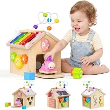 Wooden Activity Cube for Toddlers 1-3 with Press to Go Car Toy, Montessori Baby Educational Learning Toys for Kids, Multipurpose Infant Activity Center, for Girls Boys 1+ Year Old