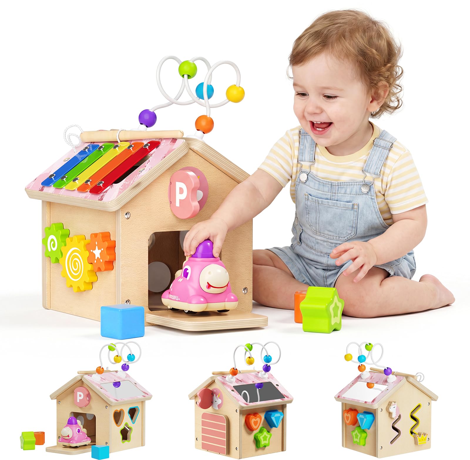 Cubo Multiattivita in Legno Bambini 1+ Anno con Press to Go Car Montessori | Interattivo Giochi Abilità Motorie Regalo Bimbo per Ragazzi e Ragazze Giocattoli di Apprendimento Educativi 2 3 4 Anno