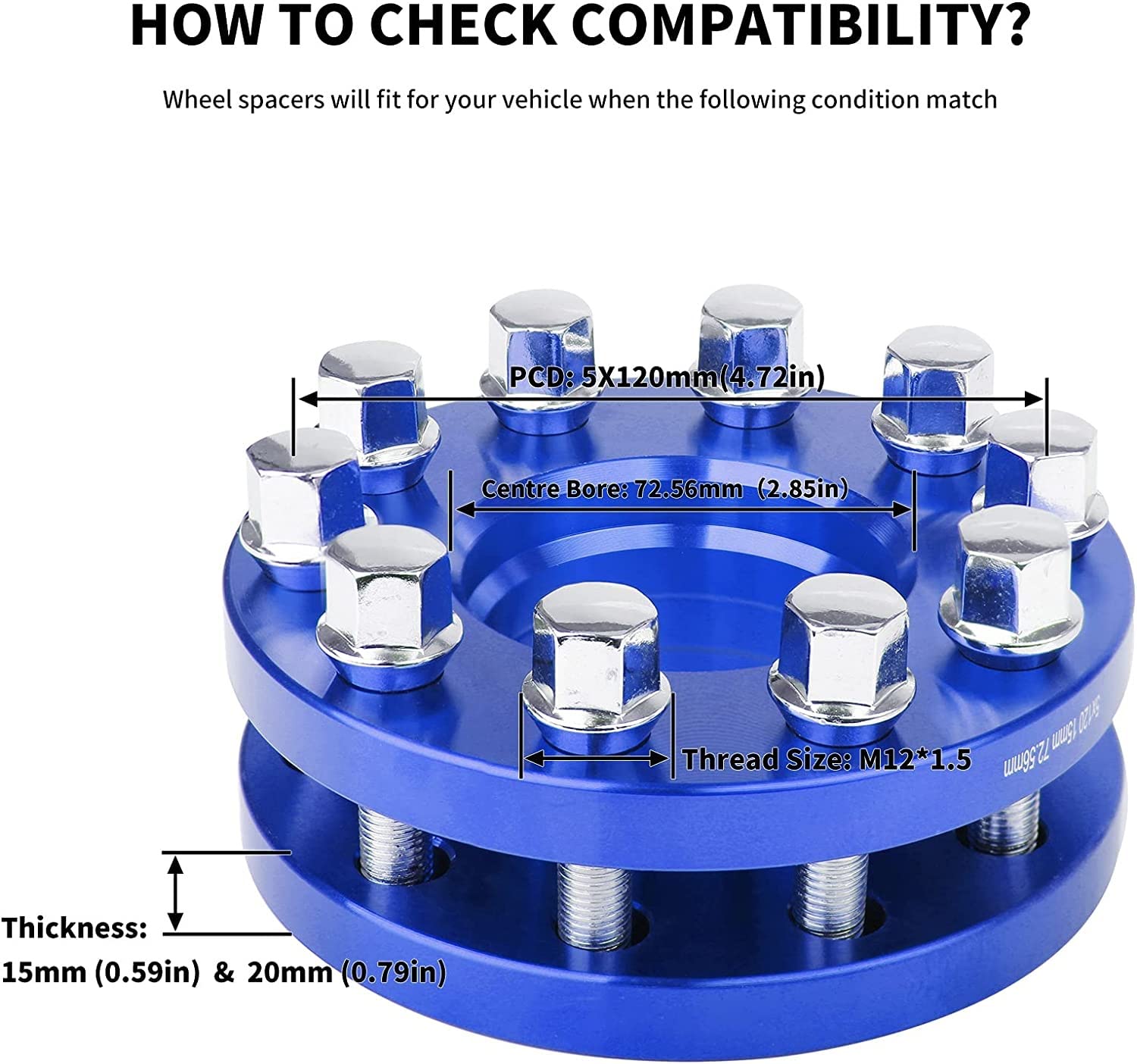 Joints Moyeu Roue Élargis pour BMW Modèles Entretoises Roue Voiture Bleues 5 X 120 Mm 4 Pièces Entretoises en Alliage D'aluminium Épaisseur 15 Mm Et 20 Mm, Hubcentric 72,56 Mm