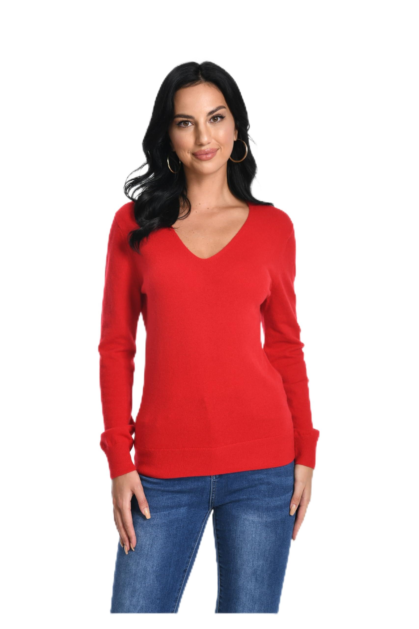 WOSICA Women‘s 100% Cashmere V-Neck Long Sleeve Pullover(Alizarin Red XL)