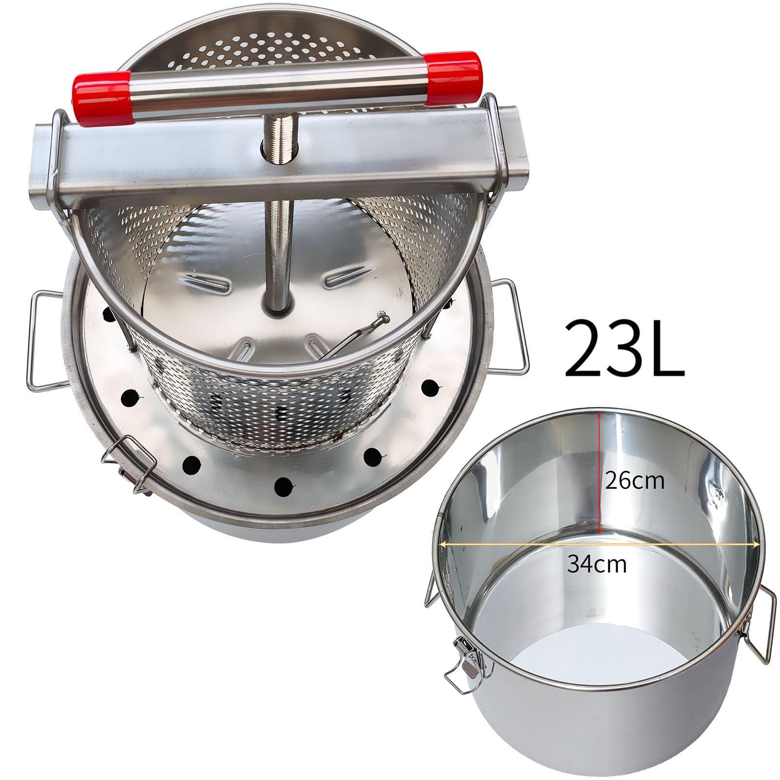Extractor de miel manual 2 en 1,prensa de miel de malla manual doméstica de 23 l con mango en T, extracción de miel de acero inoxidable for apicultura, elaboración de vino, miel, jugos, cocina y hogar