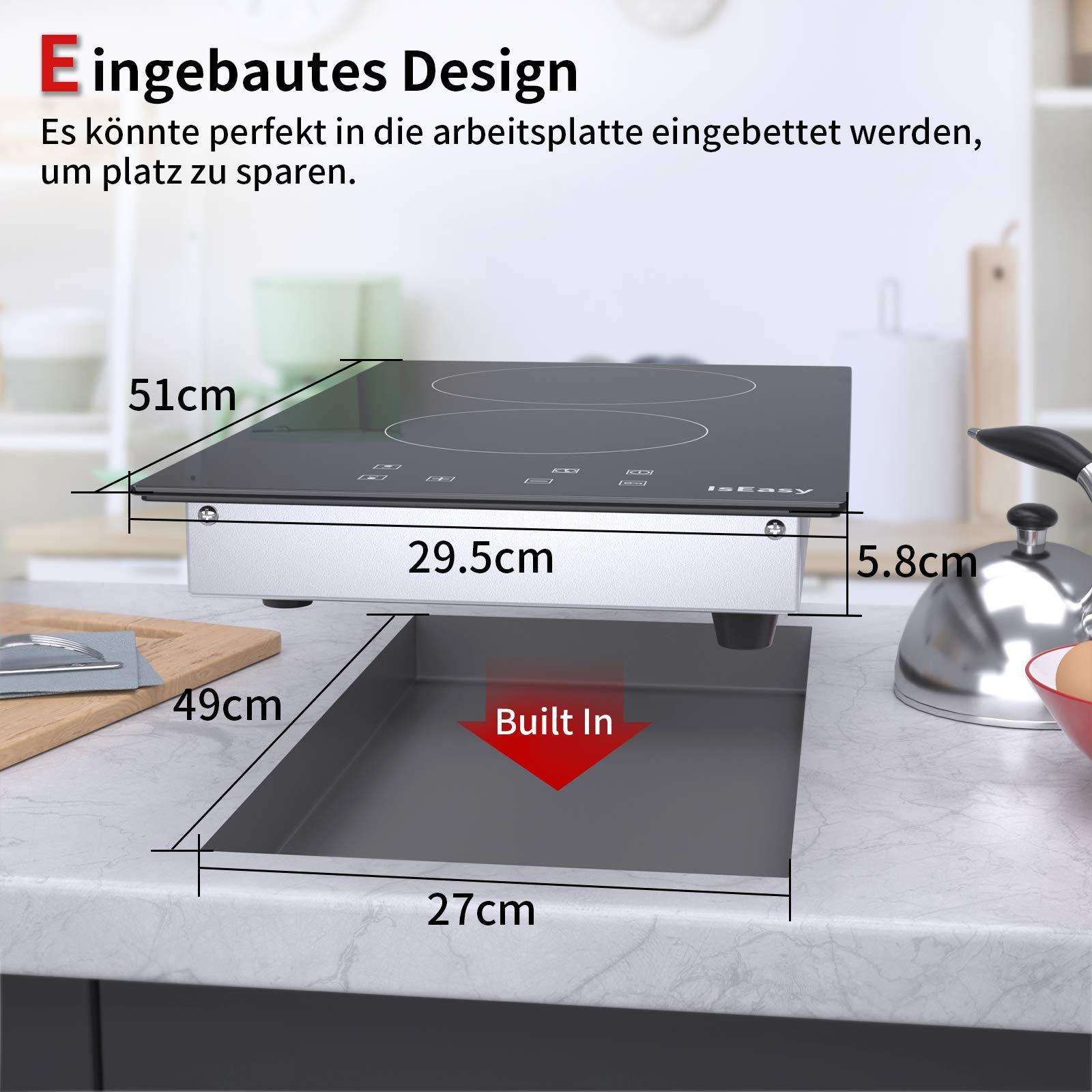 Table de Cuisson Vitrocéramique 2 Feux Encastrable 3000W, 9 Niveaux de Chauffage, Commande Tactile & Minuterie,Double Zone de Cuisson 29.5 cm, Idéale pour Cuisine Moderne - 5