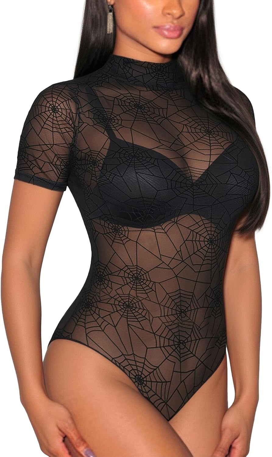 Lrady Womens Mesh Short Sleeve Bodysuit See Through Leotards Sheer Bodysuits Top with Snap Crotch