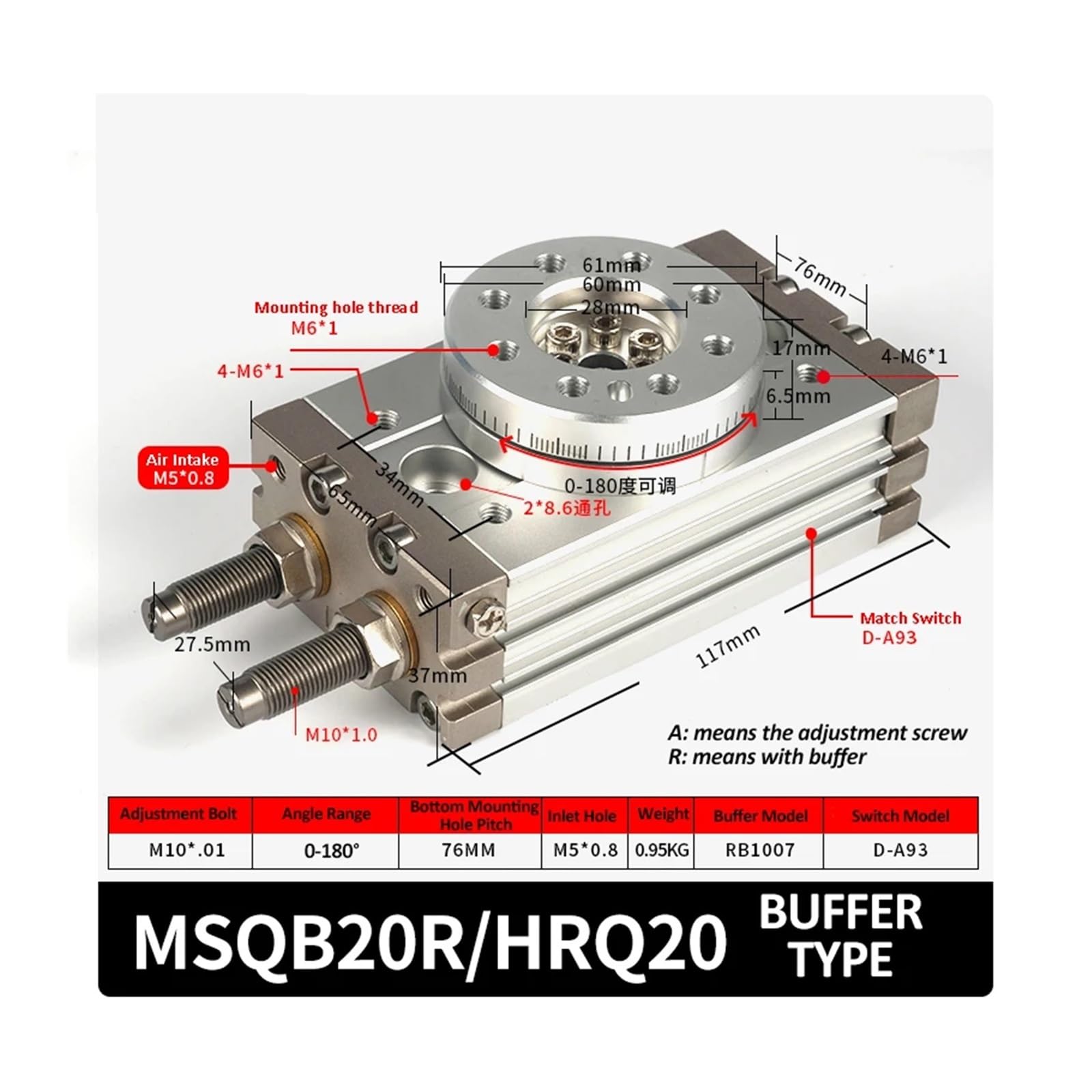TNFOFUDH Pneumatic Rotary Cylinder MSQB Adjustable Cylinder Rotary 0-190 Degrees MSQB10A MSQB20A MSQB30A MSQB50A MSQB20R MSQB30R(MSQB20R)