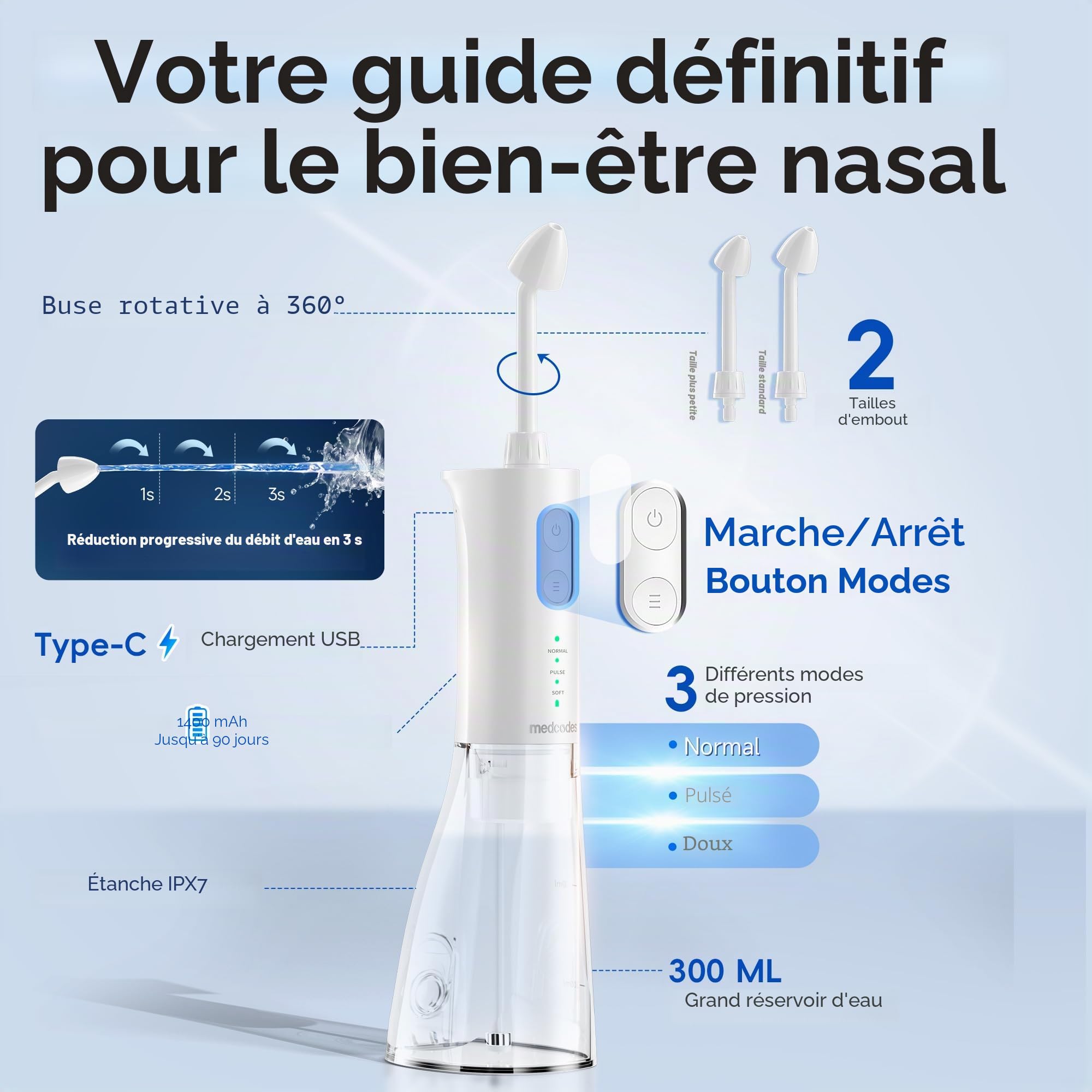 Neti Pot de rinçage des sinus, système d'irrigation nasale sans fil, machine de nettoyage de bouteille de rinçage nasal, décongestionnant électrique des sinus (Large A)