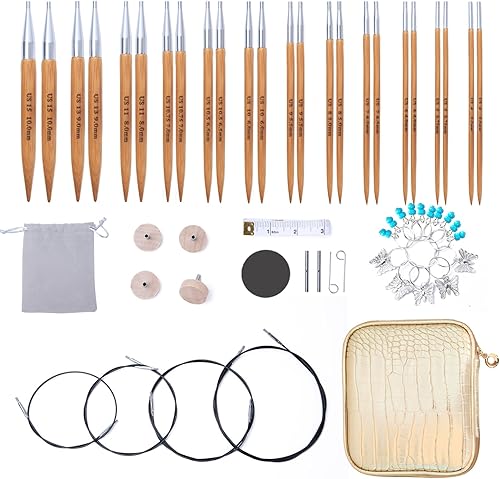 Holamulta Juego de agujas de tejer circulares intercambiables, combo de 12 tamaños con accesorios y bolsa de almacenamiento (dorado) Holamulta Juego de agujas de tejer circulares intercambiables, combo de 12 tamaños con accesorios y bolsa de almacenamiento (dorado)