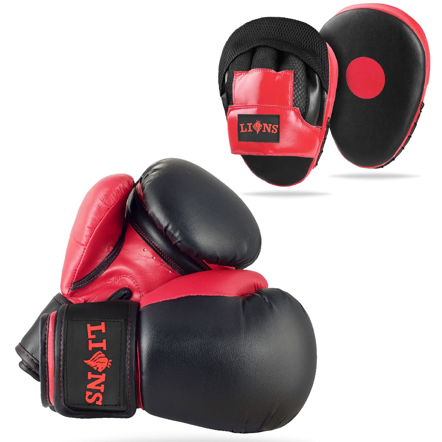 Lions Boys Boxing Gloves and Pads - Set of Sparring Punching Mma Focus Hook & Jab Training Mitts (RED-INJECTION, 10OZ)