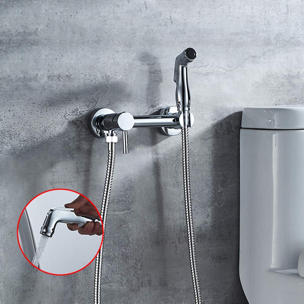 Toilette Bidet Spray, Bidet Pulvérisateur en Laiton Chromé Kit Mitigeur Douchette à Main Mural Kit Douchette WC pour Toilette avec Eau Chaude et Froide, Tuyau Flexible pour Hygiène